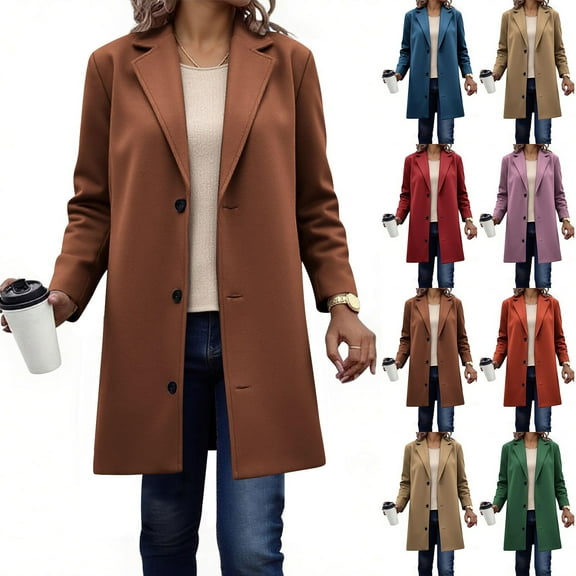 jtjvou Womens Peacoat Notched Lapel Collar Single-Breasted Trench Coats Loose Casual Long Jacket 2025 Fall Winter Outerwear Brown L