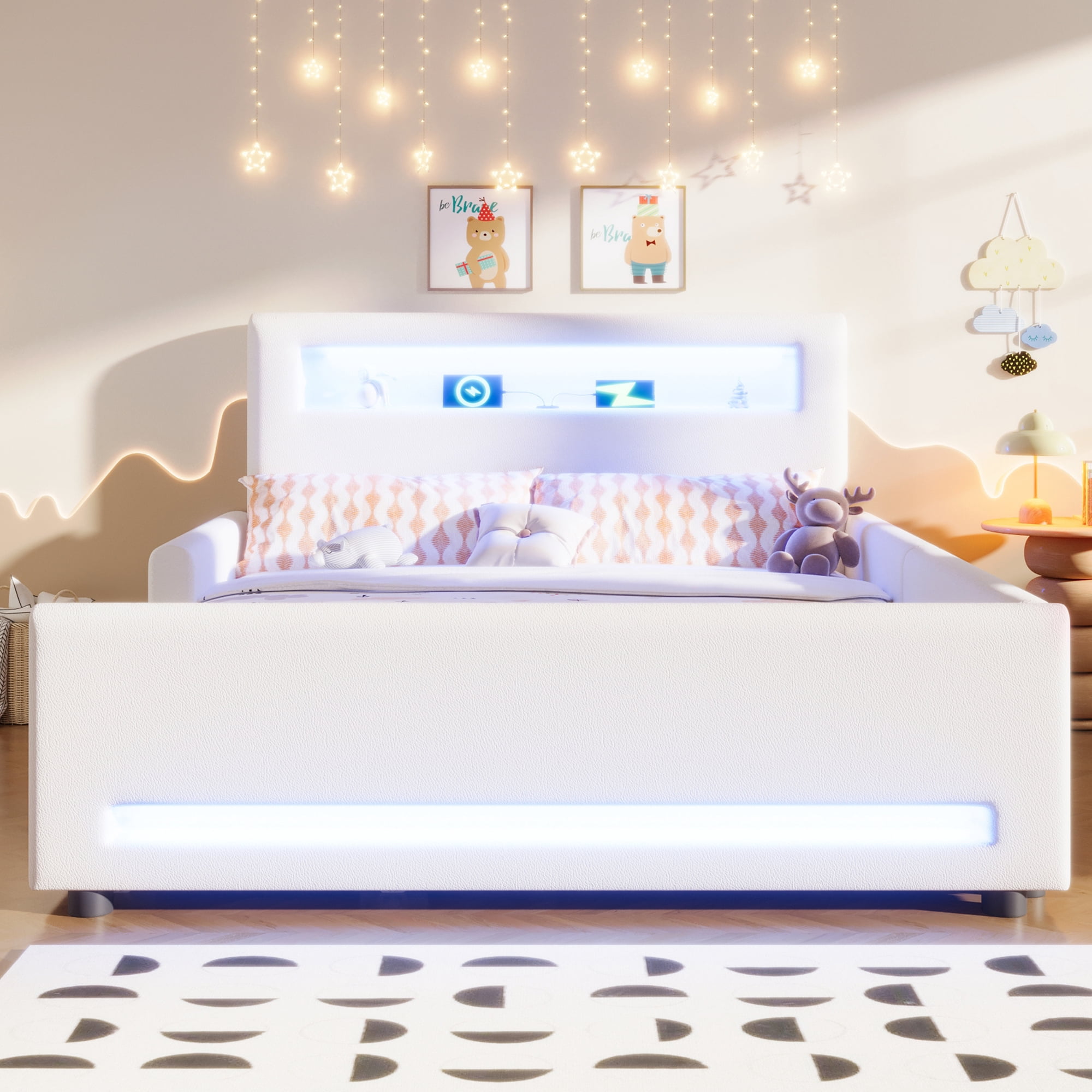 Euroco Upholstered Full Size Platform Bed with LED Light and USB Ports, 2 Drawers, White
