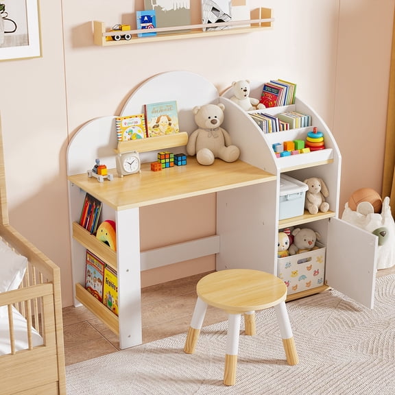 Reasea Kids Desk and Chair Set, Wooden Kids Writing Study Table with Hutch, Bookshelf & Storage Cabinet, Children Activity Desk for Playroom Bedroom, Ages 3