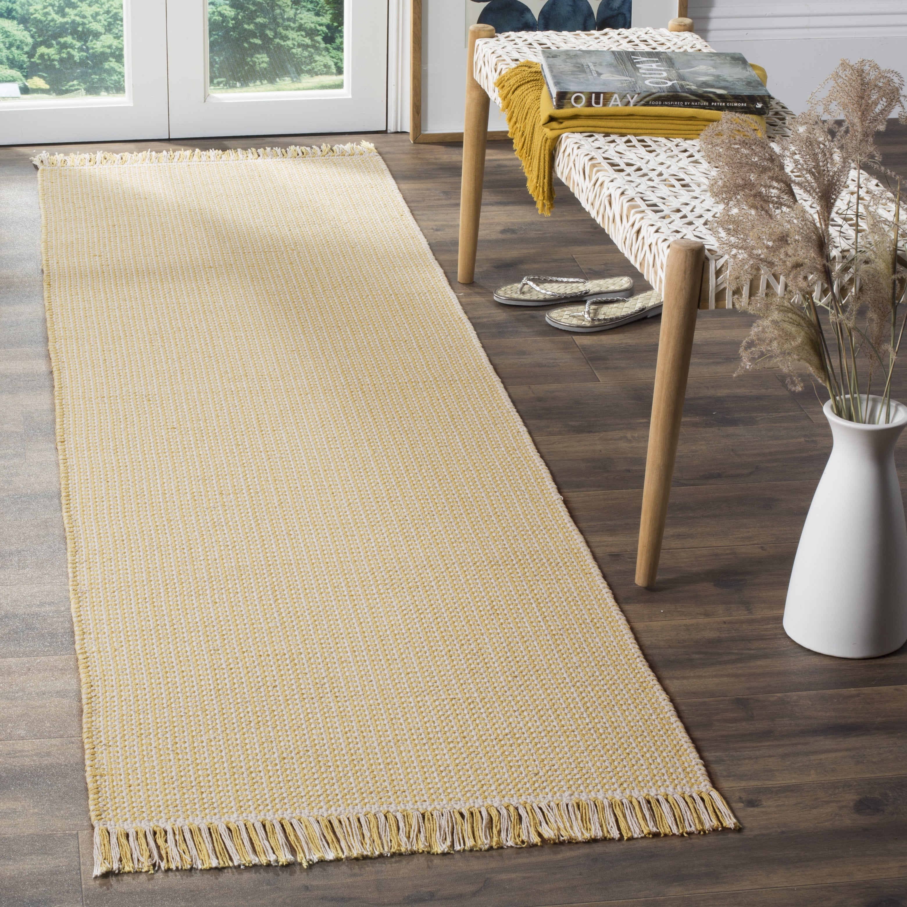 SAFAVIEH Montauk Patton Geometric Cotton Runner Rug, Ivory/Yellow, 2'3" x 12'
