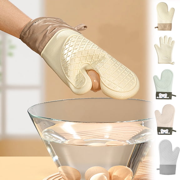 Silicone Oven Gloves | Heat-Resistant Baking Gloves for Microwave, Oven, Grill | Non-Slip Grip | Kitchen Safety, Flexible Cooking Mitts | Green, Beige, Gray | 28x18cm