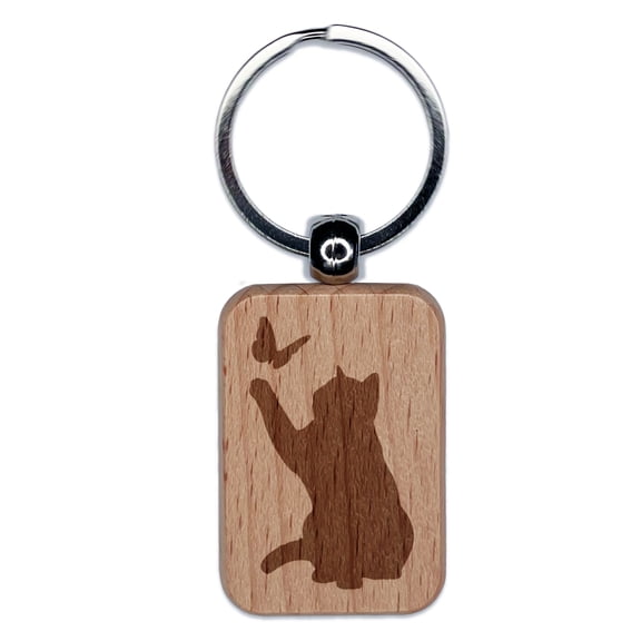 Cat Playing with Butterfly Rectangle Keychain Charm Tag - Engraved Wood