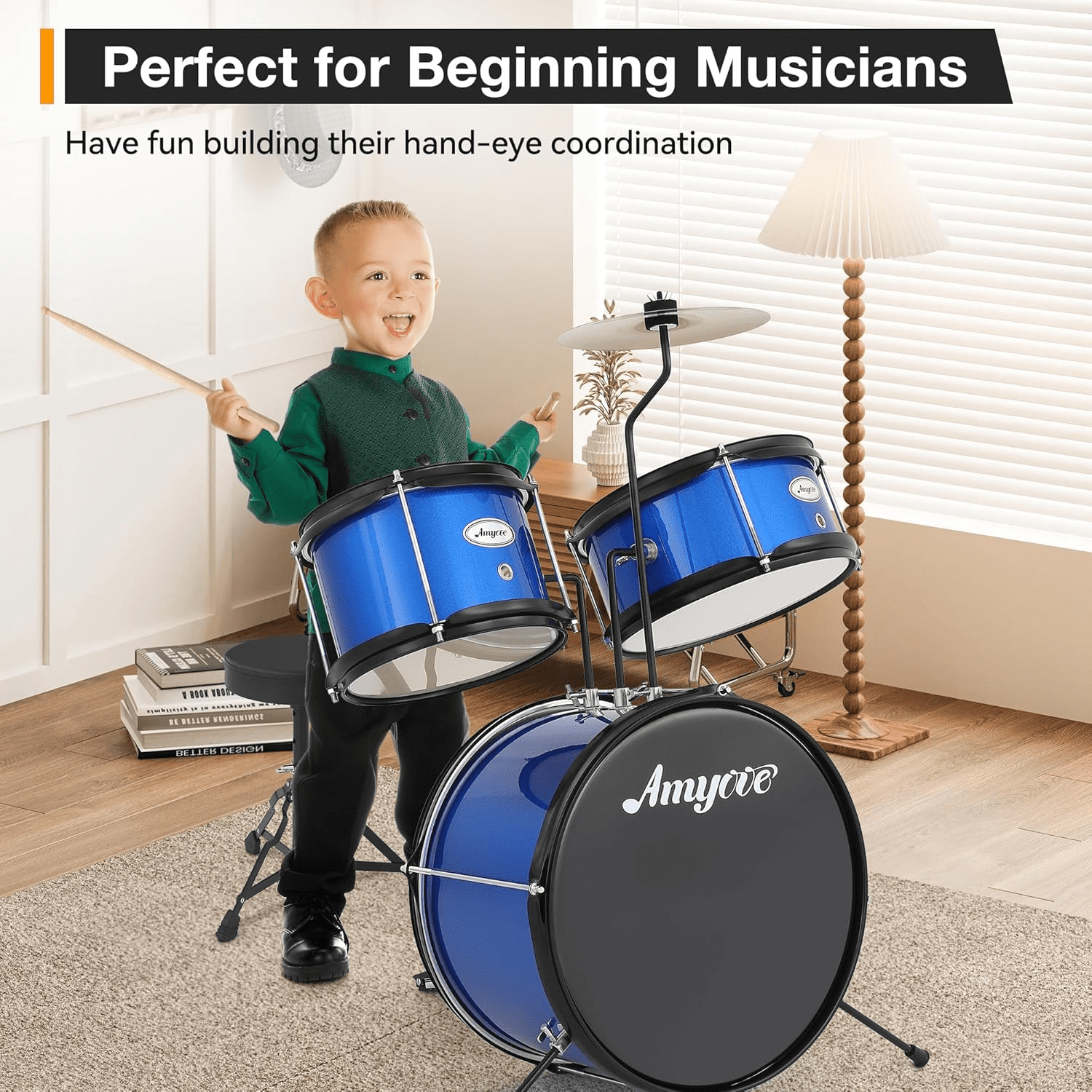 Drum Set for Kids Beginner Set with Bass, 2 Toms, Cymbal, Sticks, Bass Pedal and Stool Percussion Musical Instrument Birthday Playsetl