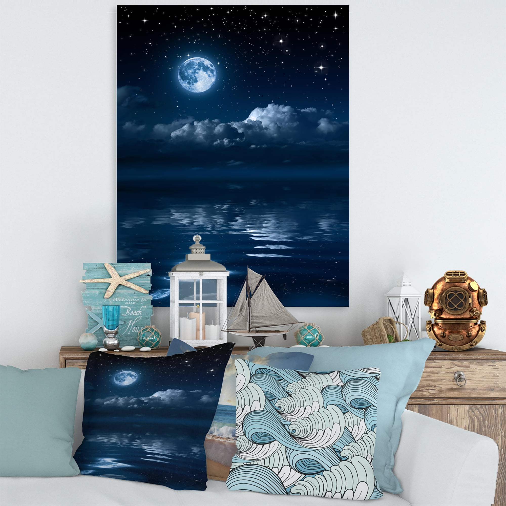 Designart ' Full Moon Night in Cloudy Sky I ' Nautical & Coastal Canvas Wall Art Print