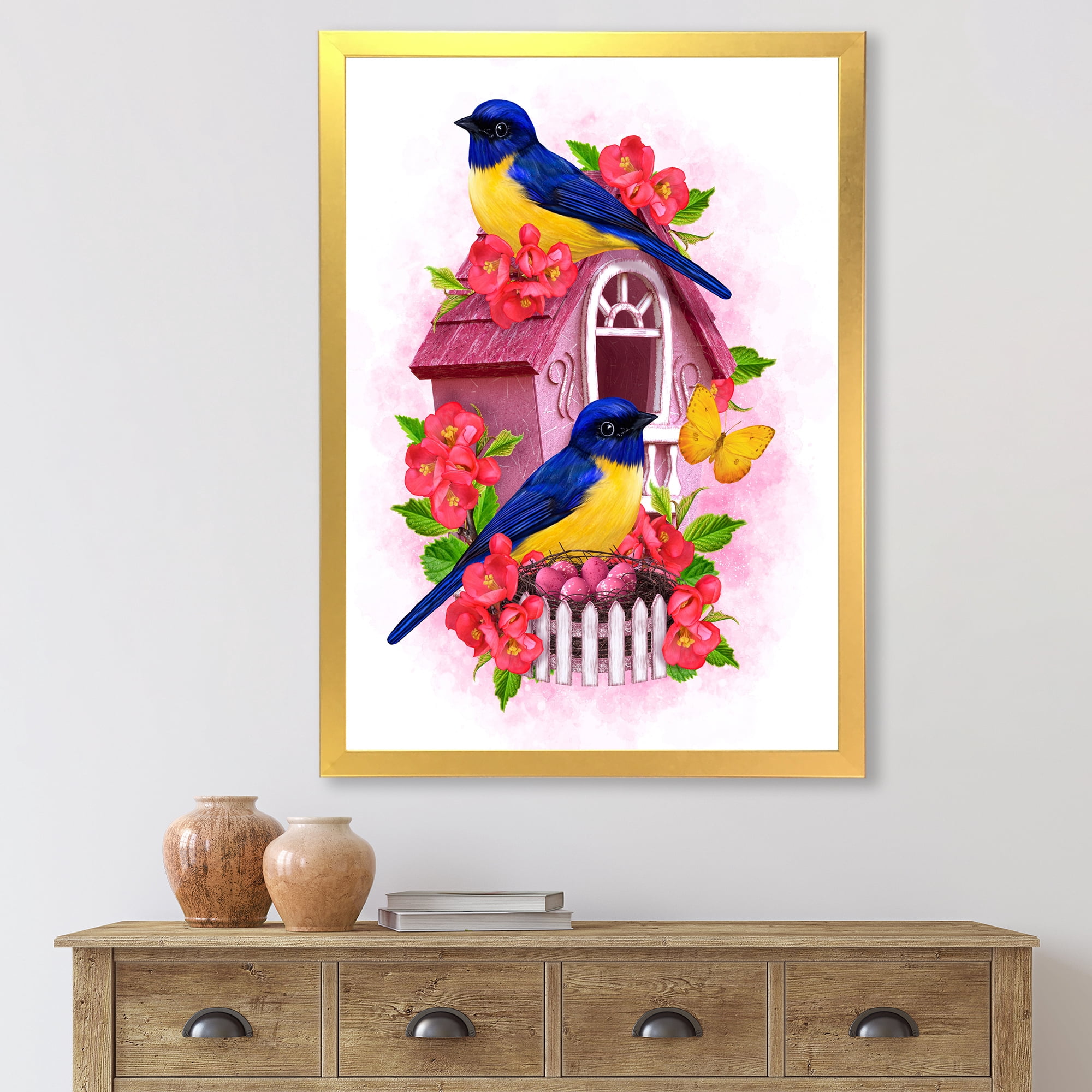 Designart 'Two Yellow and Blue Tit Birds Sitting Near The Nest' Traditional Framed Art Print