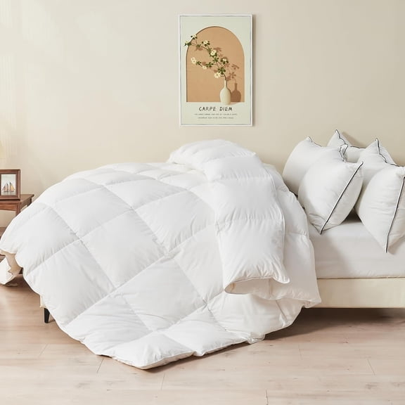 Organic Feather Down Comforter Full/Queen Size, Luxury Extra-Fluffy Duvet Insert, All Season Bed Comforter with Ultra-Soft Organic Cotton Case (90x90 Inch, Ivory White)