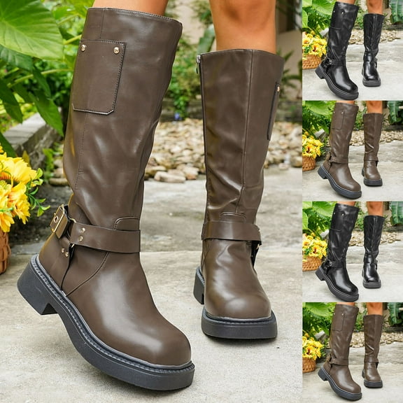 Black Booties TKYCMSUAKI Knee High Riding Boots for Women Slip On Motorcycle Boots Square Toe Chunky Heel Fashion Buckles Biker Boots