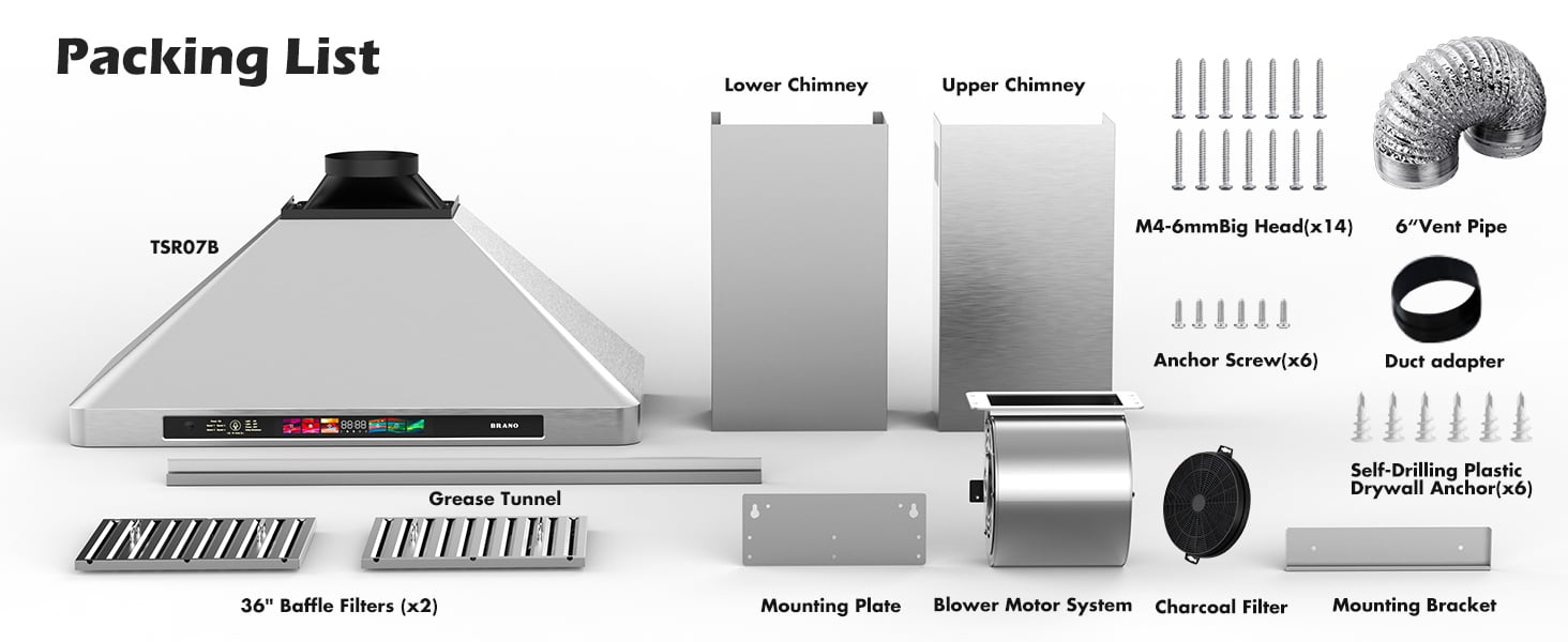 BRANO 30-Inch Wall-Mount Range Hood, 900CFM Powerful Suction, Stainless Steel Body,  Voice/Gesture/Touch Control,   Convertible Ducted/Ductles