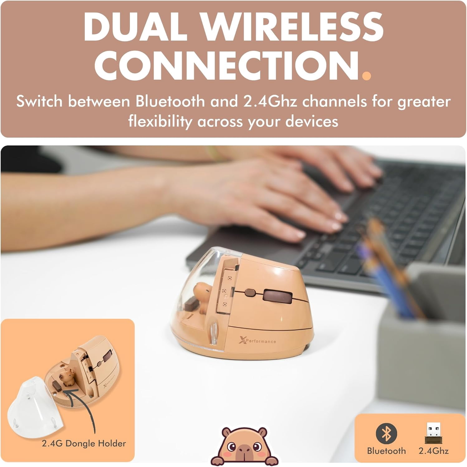 X9 Performance Wireless Vertical Ergonomic Mouse - Click with Capybara - (BT + 2.4G) Up to 4000 DPI, 6 Button, Rechargeable - Bluetooth Ergonomic Vertical Mouse Wireless - For Mac and PC - Brown