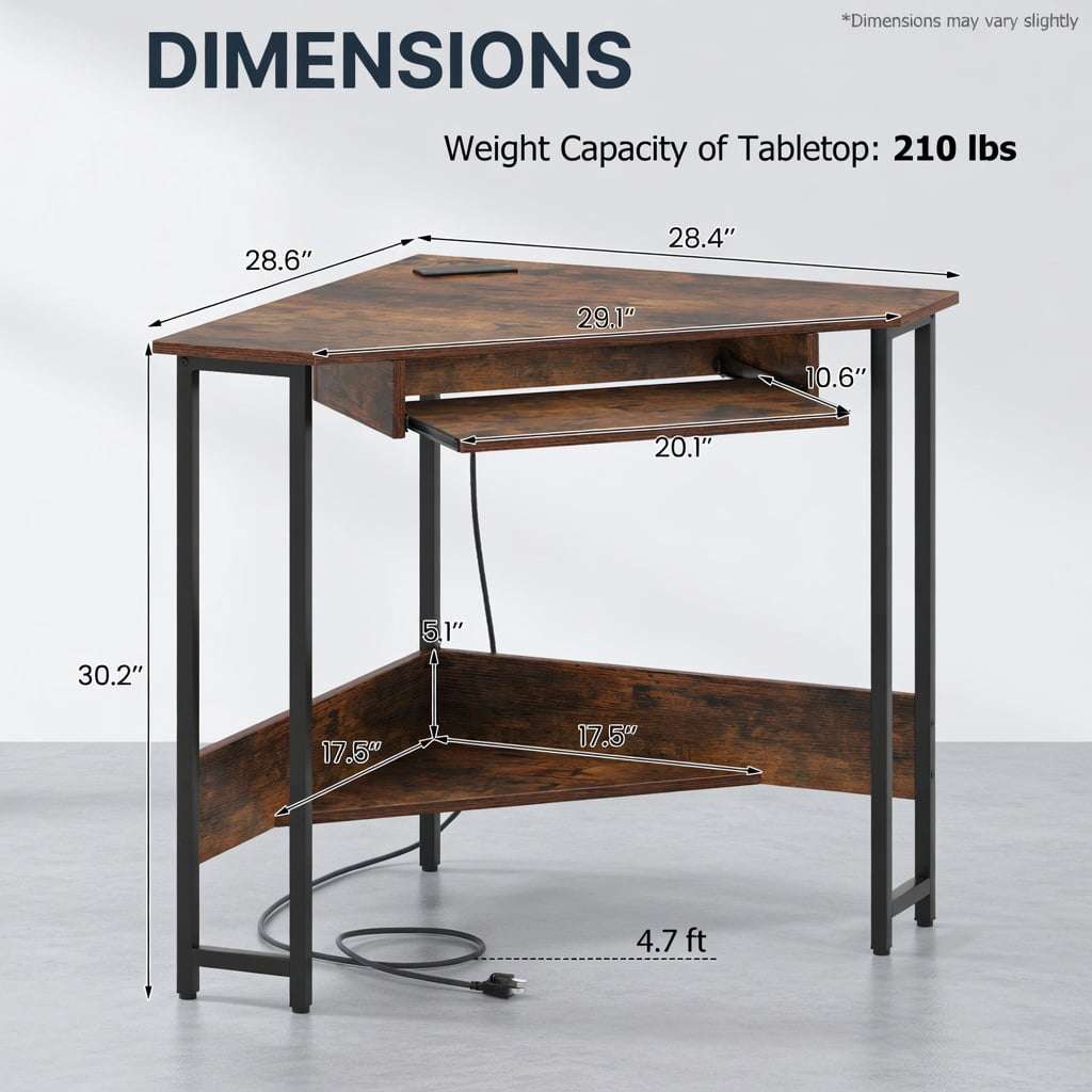 Demi Bonn Triangle Corner Desk with Charging Station Keyboard Tray and Storage Shelf, Small Home Office Desk Study Writing Table, Brown