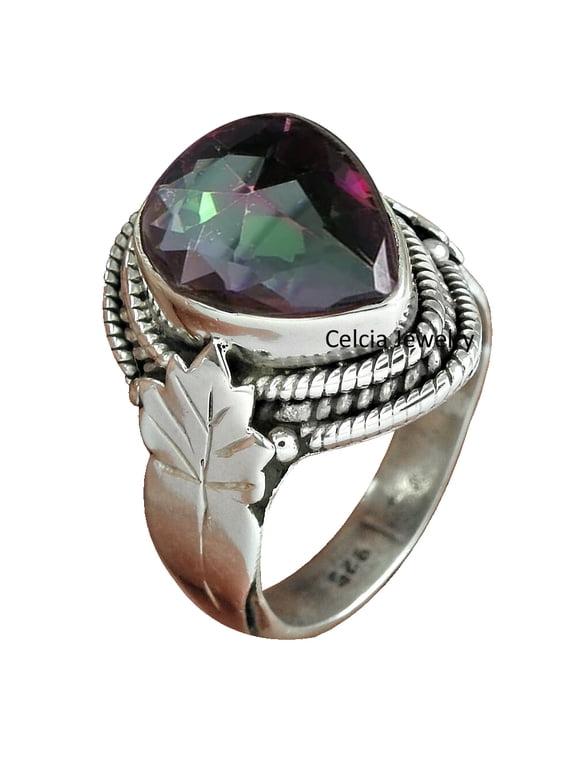 Mystic Topaz Natural Healing Gemstone Beautiful Handmade Jewelry For Women, Solid 925 Sterling Silver Statement Band Ring, Unique Gifts For Sister