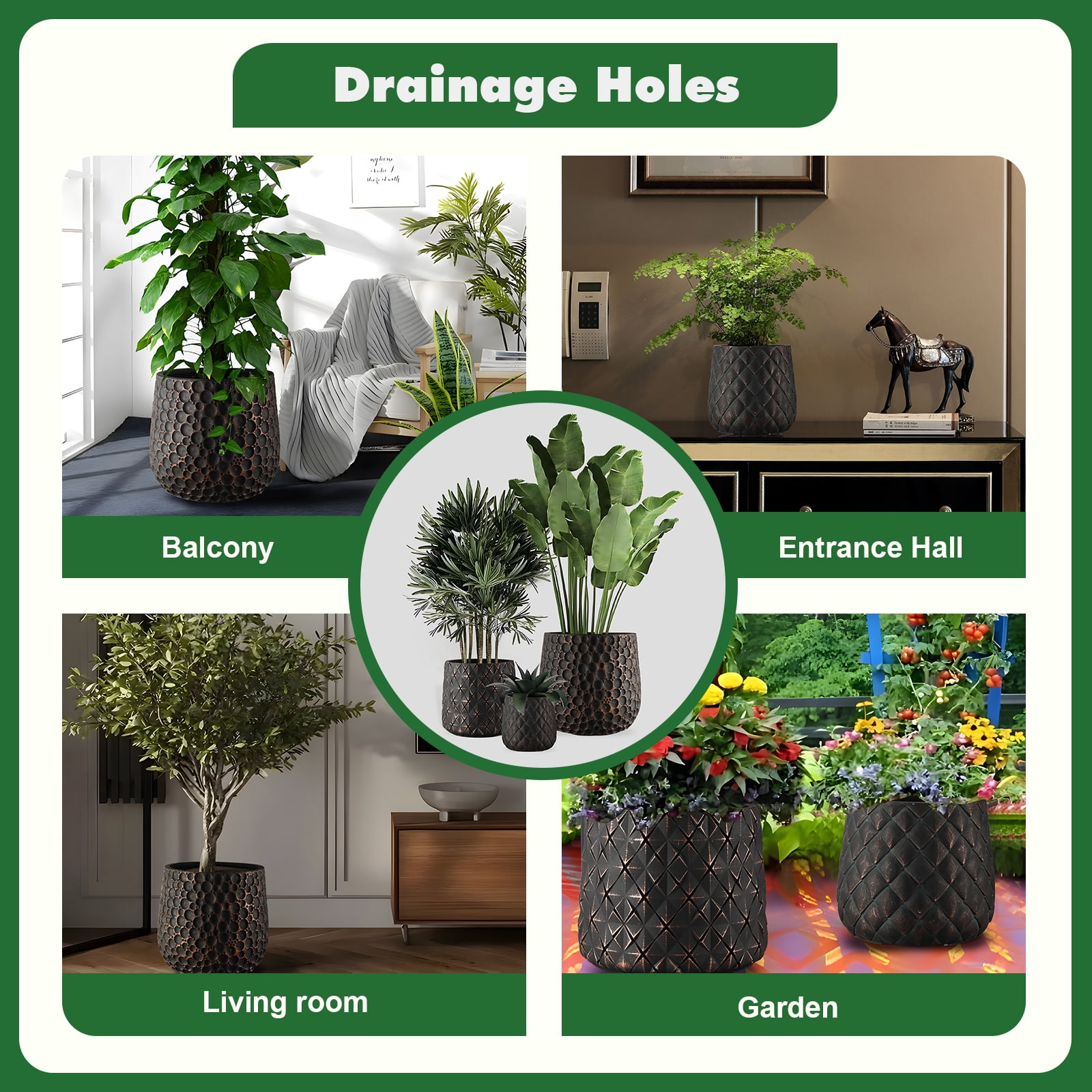 Craft Flowerpots Round Concrete Planter Set of 3 Large Outdoor/Indoor Planter Pots Containers with Drainage Holes and Rubber Plug for Home Garden (18"+13"+9" Dia) (SH003)