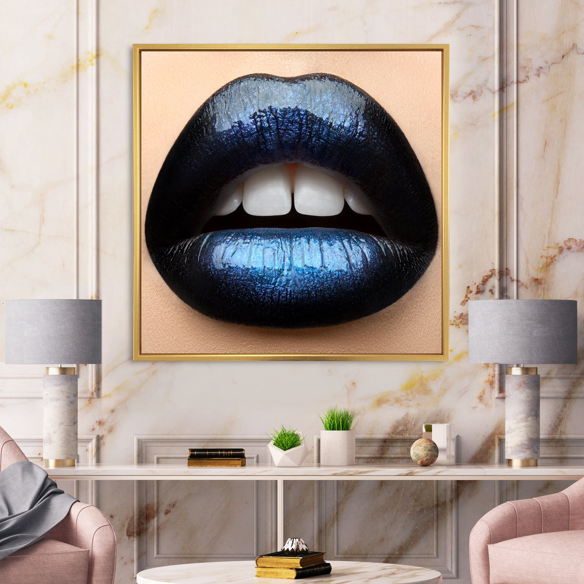 Designart 'Girl Lips With Black and Blue Lipstick' Modern Framed Canvas Wall Art Print
