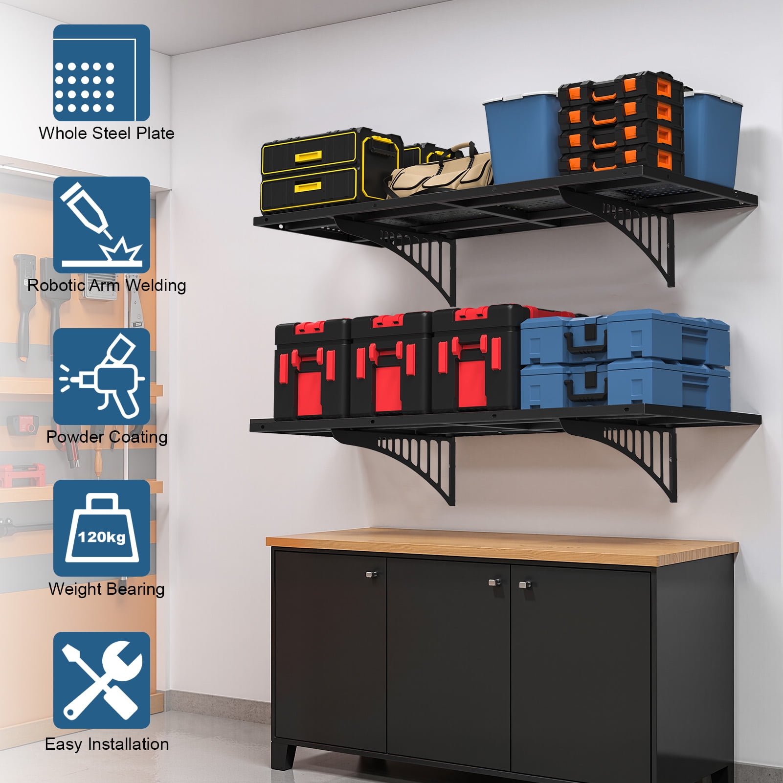 Hyasfey 2 Pcs 1.5 x 3.6 FT Garage Wall Shelving, 530 lbs Load Capacity, Heavy Duty Wall Mounted Floating Shelves, Adjustable Metal Garage Storage Rack