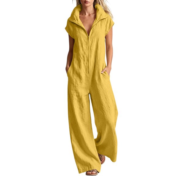 TEAJOPSUU Womens Cap Sleeve Collared Jumpsuits Zip Front Wide Leg Long Rompers with Pockets Turn Down Collar Summer Casual Daily Wear Yellow