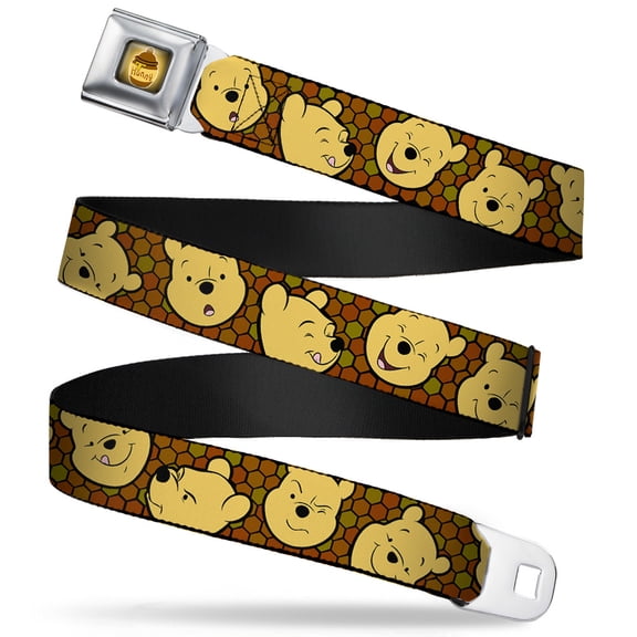Disney Belt, Seatbelt Buckle Belt, Winnie the Pooh Expressions Honeycomb Black Browns, Youth 20 to 36 Inches