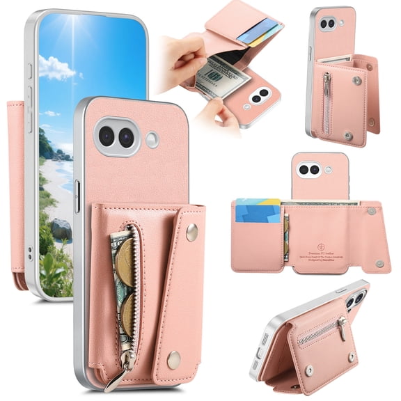Sanwo for Google Pixel 9A Wallet Case with Card Holder and Cash Slot, PU Leather Flip Cover with Kickstand,Rugged PC TPU Protective Case, Pink