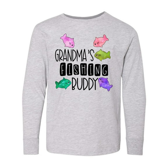 Inktastic Grandma's Fishing Buddy with Colorful Fish Long Sleeve Youth T-Shirt