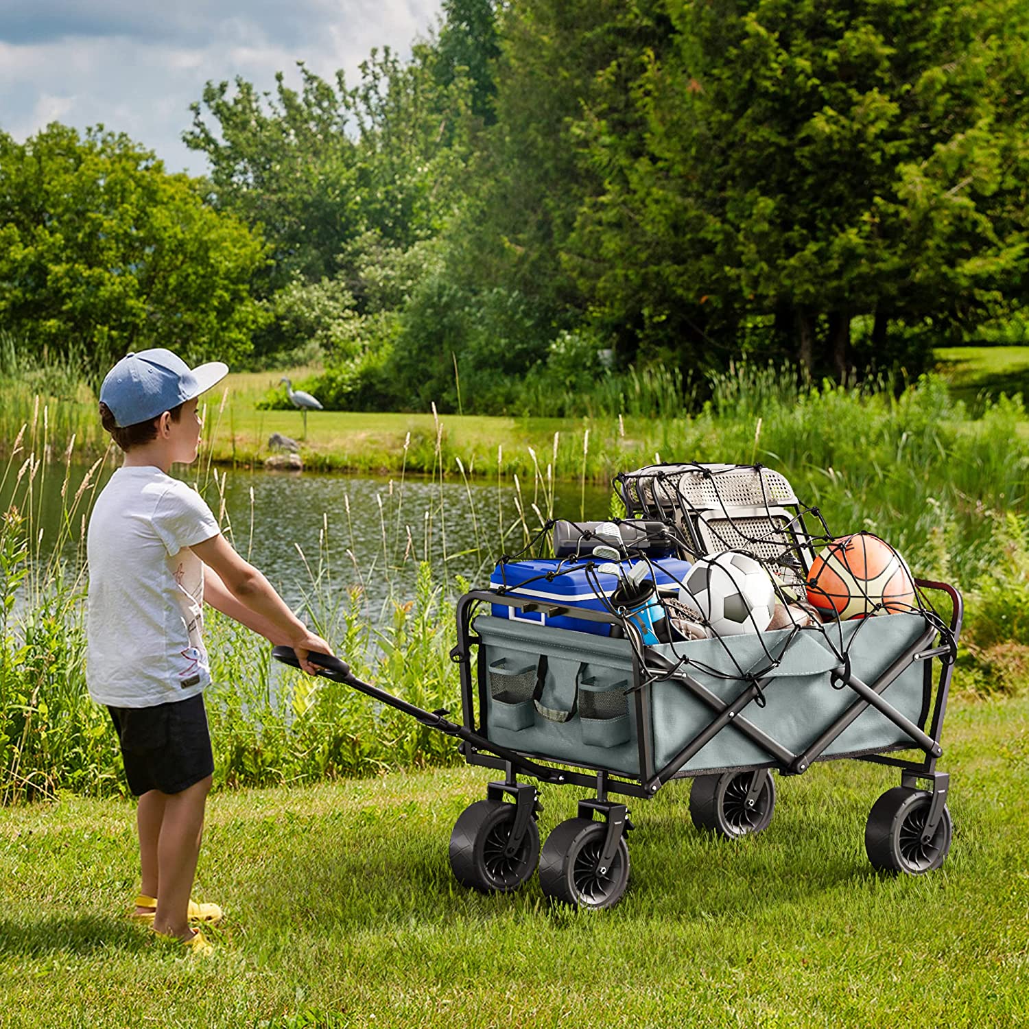 YITAHOME Utility Folding Wagon Camping Park Wagon Cart Portable Collapsible  Garden Cart with Roll Table Plate, Drink Holders, Side Storage Pocket,  for Sports, Outdoor, Garden, Fishing, Gray