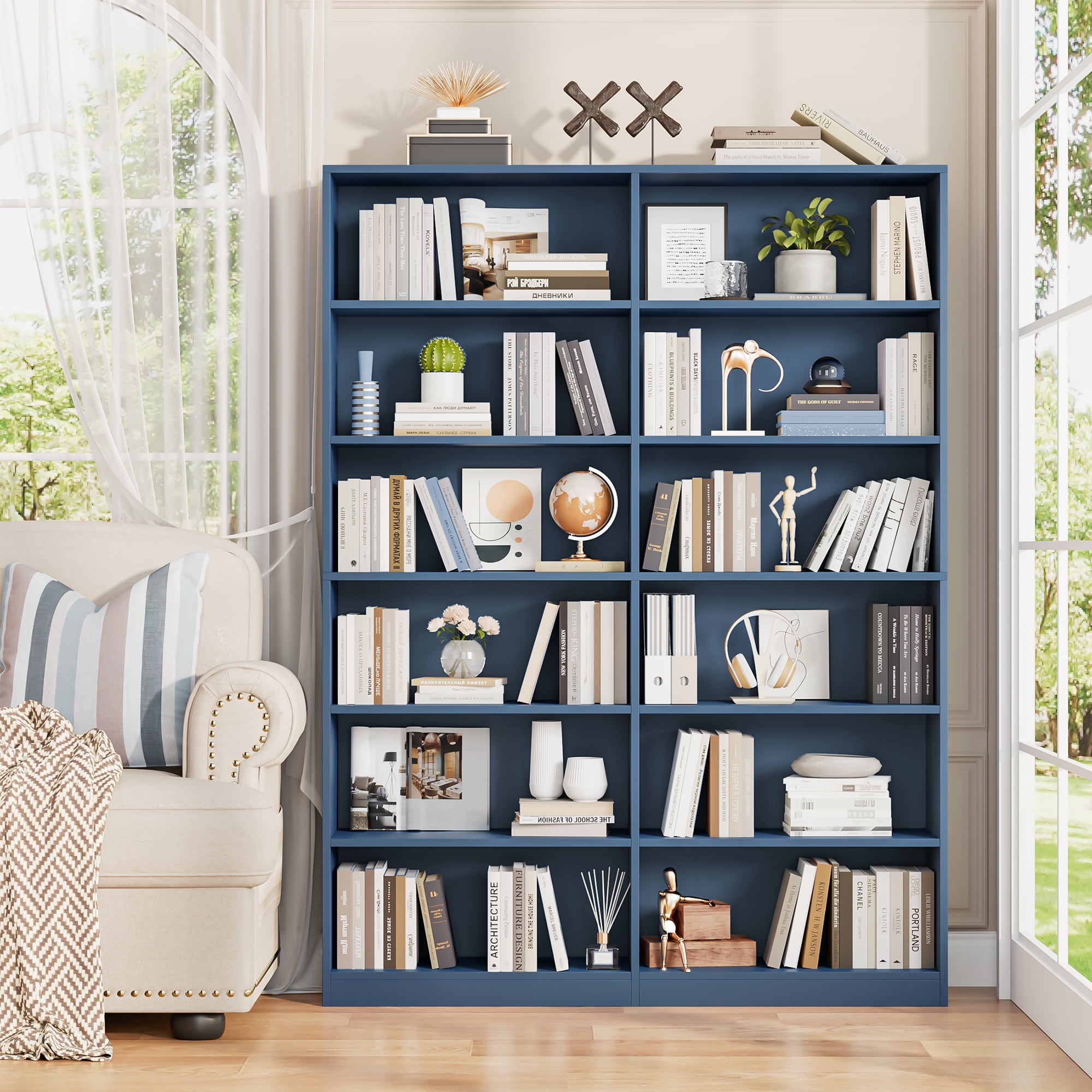 Homfa 74.3” Double Wide 6-Tier Bookcase, Extra Large Wooden Freestanding Display Bookshelf for Home Office Living Room, Blue