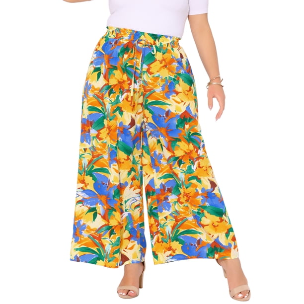 Pantalones Palazzo de Mujer Plus Size Floral de Pierna Ancha Agnes Orinda con Cintura Frontal y Bolsillos 4X Amarillo Naranja