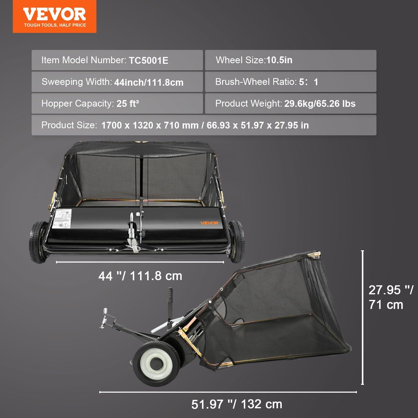 Tow Behind Lawn Sweeper, 44 in Pull Behind Lawn Sweeper, 25 cu. ft Large Capacity Leaf & Grass Collector