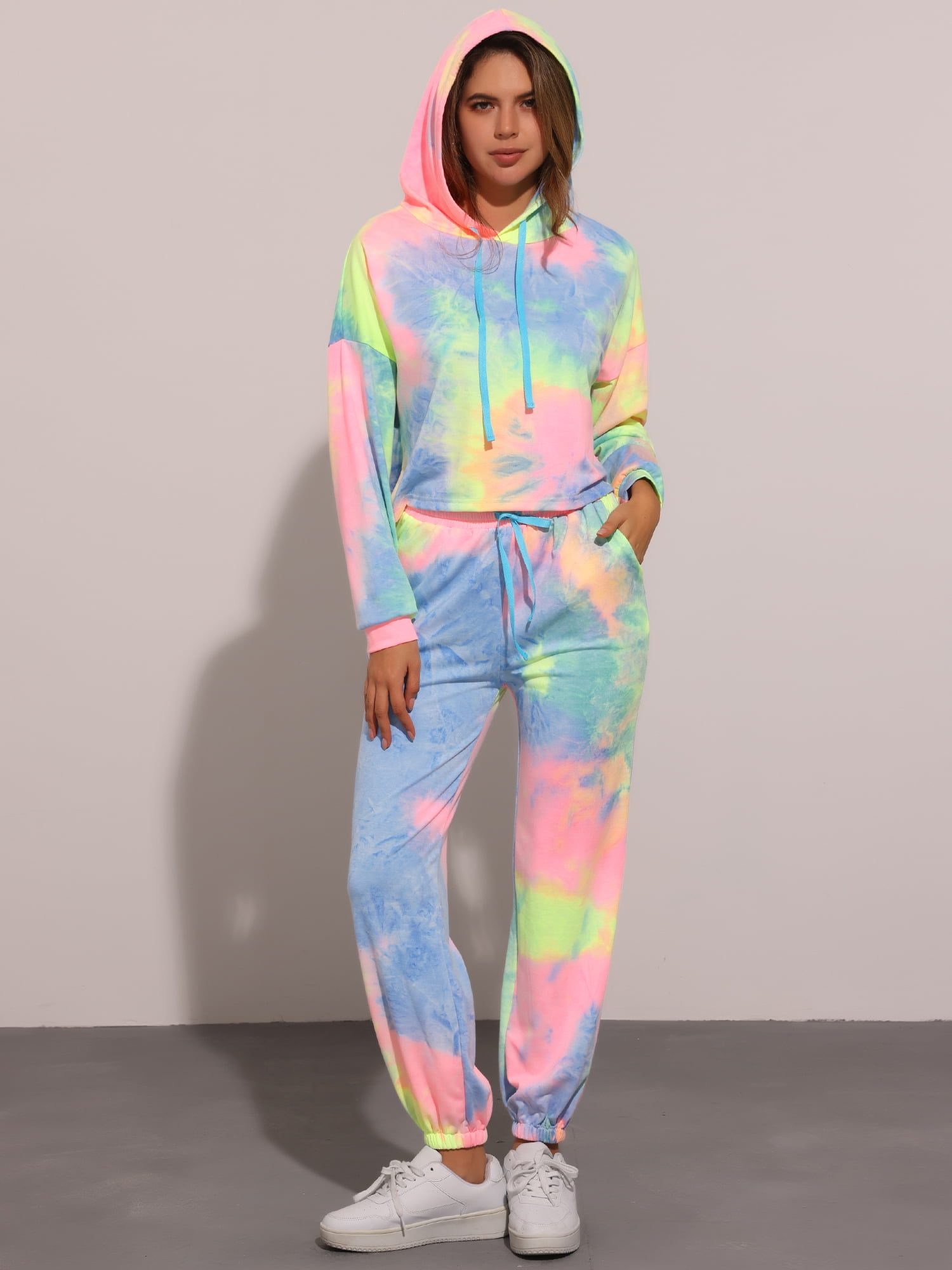 DARING DIVA Women's 2 Piece Tie Dye Hoodie Drawstring Sports Outfit L Yellow Blue