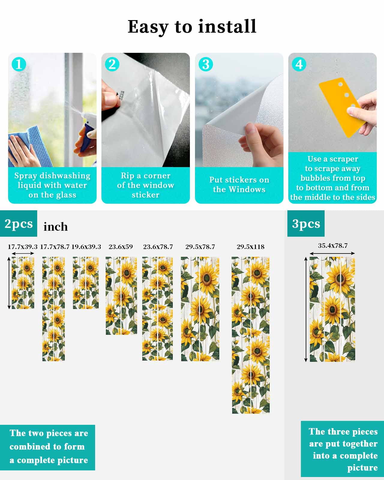 Window Privacy Film Rustic Sunflowers Stained Glass Window Film Decorative Sun Block Window Cover Farmhouse Botanical Flowers Wood Grain Window Clings Static Adhesive Sticker for Bathroom 23.6"x78.7"