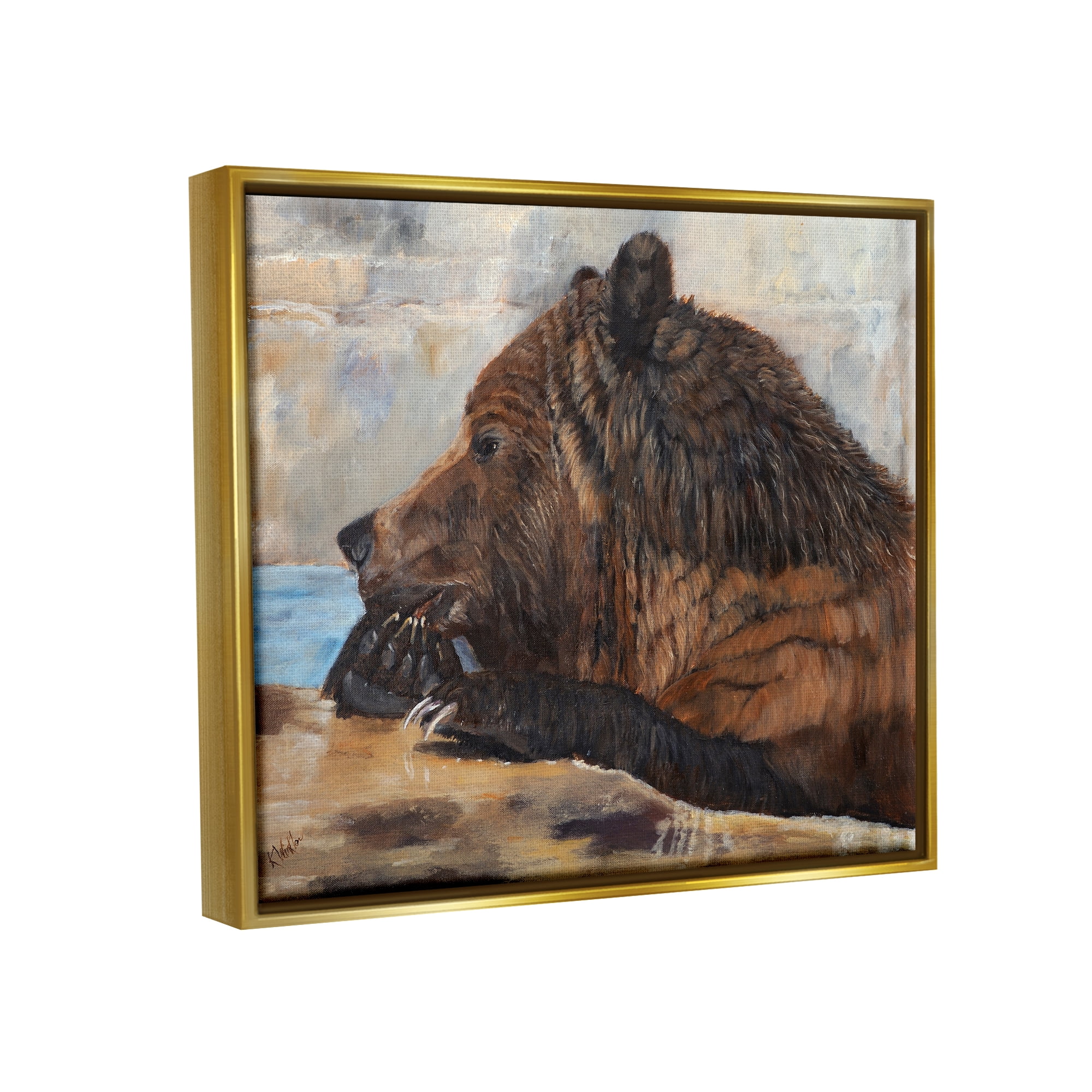 Stupell Brown Bear Wildlife Lake Animal Animals & Insects Painting Gold Floater Framed Art Print Wall Art