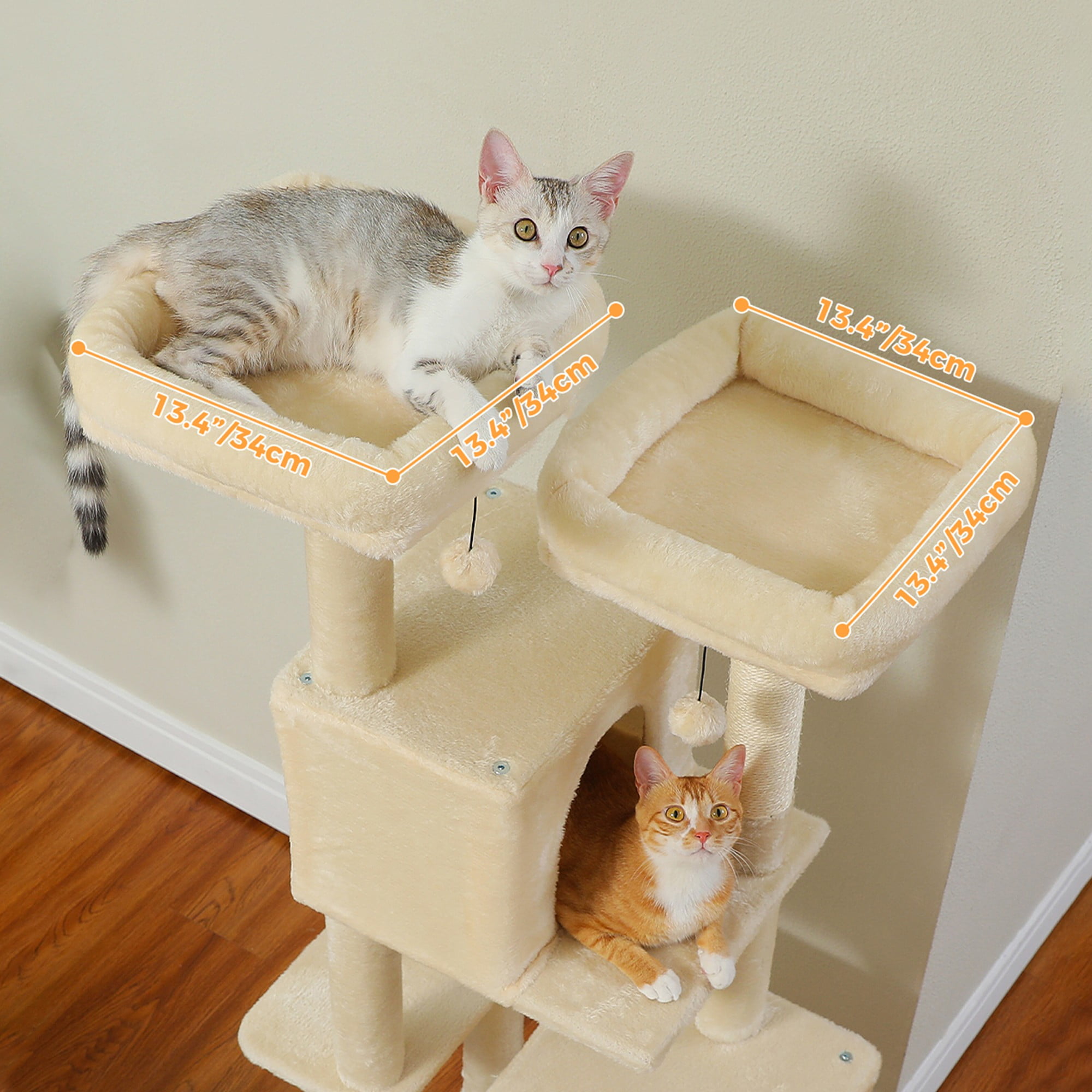 Kadyn 52" Multilevel Cat Tree Tower for Indoor Cats, Plush Cat Tree House with 2 Padded Perches, 2 Condos and 2 Scratching Posts, Beige