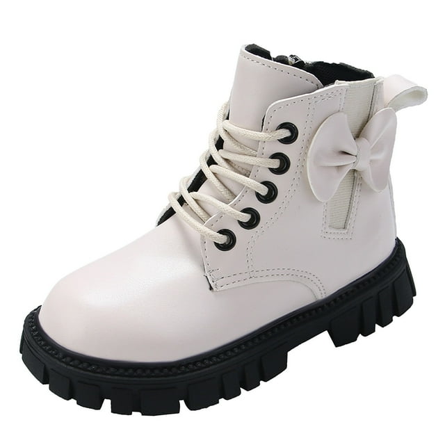 MIASHUI Bottes d'Hiver pour Filles Enfants Confortables à Lacets avec Fermeture Éclair Latérale Bottes de Travail, Blanc, 7-8 Ans