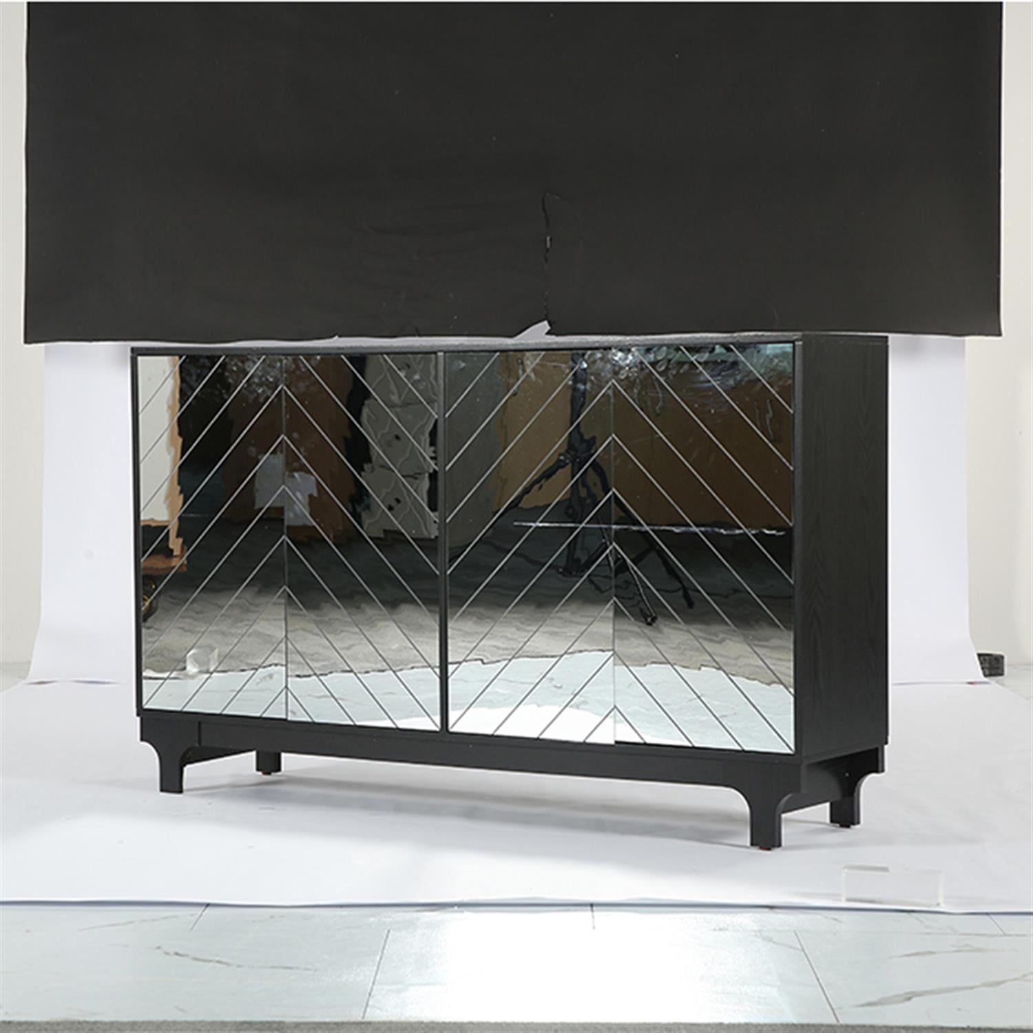 Demi Bonn 59" Sideboard Buffet, Modern Credenzas Storage Cabinet with 4 Acrylic Mirror Doors, Dining Room, Hallway, Cupboard Console Table, Liquor, Black