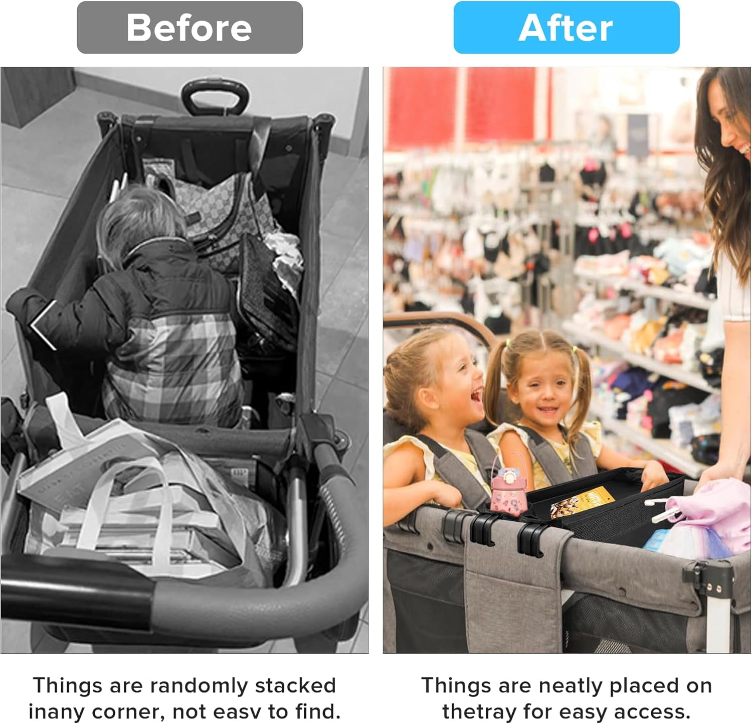 Stroller Snacks Tray for Wagon W4, Double Sided Bottom Padding - Storage Mesh Pockets - 2 Kid’s Cup Holders, Faux Leather Polyester Side Easy to Clean for Eating & Activities(W4 Series)