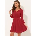 thumbnail image 2 of Vestido De Gasa Fluido Sólido Con Cintura Elástica Con Cuello En V Y Manga 3/4 Para Mujer Rojo S, 2 of 5