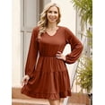 thumbnail image 2 of Ruffle Dress, Mini Dress Elastic Waist V Neck Puff Sleeve Casual Loose Flowy Swing Solid Tiered Short Dress Ruffle Hemline, 2 of 9