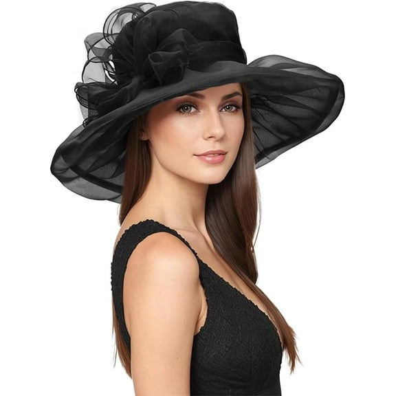 Foldable Organza Wide Brimmed Hat, Victorian Style Sun Hat, Adjustable Beach Wedding Hat, Suitable for Outdoor Activities in Summer(Black)