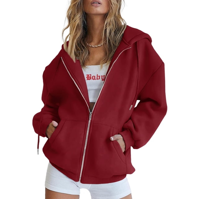 Sudadera con cremallera PRETTYGARDEN 2025 para mujer, roja, talla XL