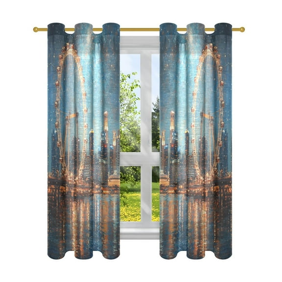 Window Curtain Panels Cotton Linen Decorative Curtains - SymmetricalFerris Wheel Painting under DarkWindow Shade Backdrops for Home Office Sunroom Country House