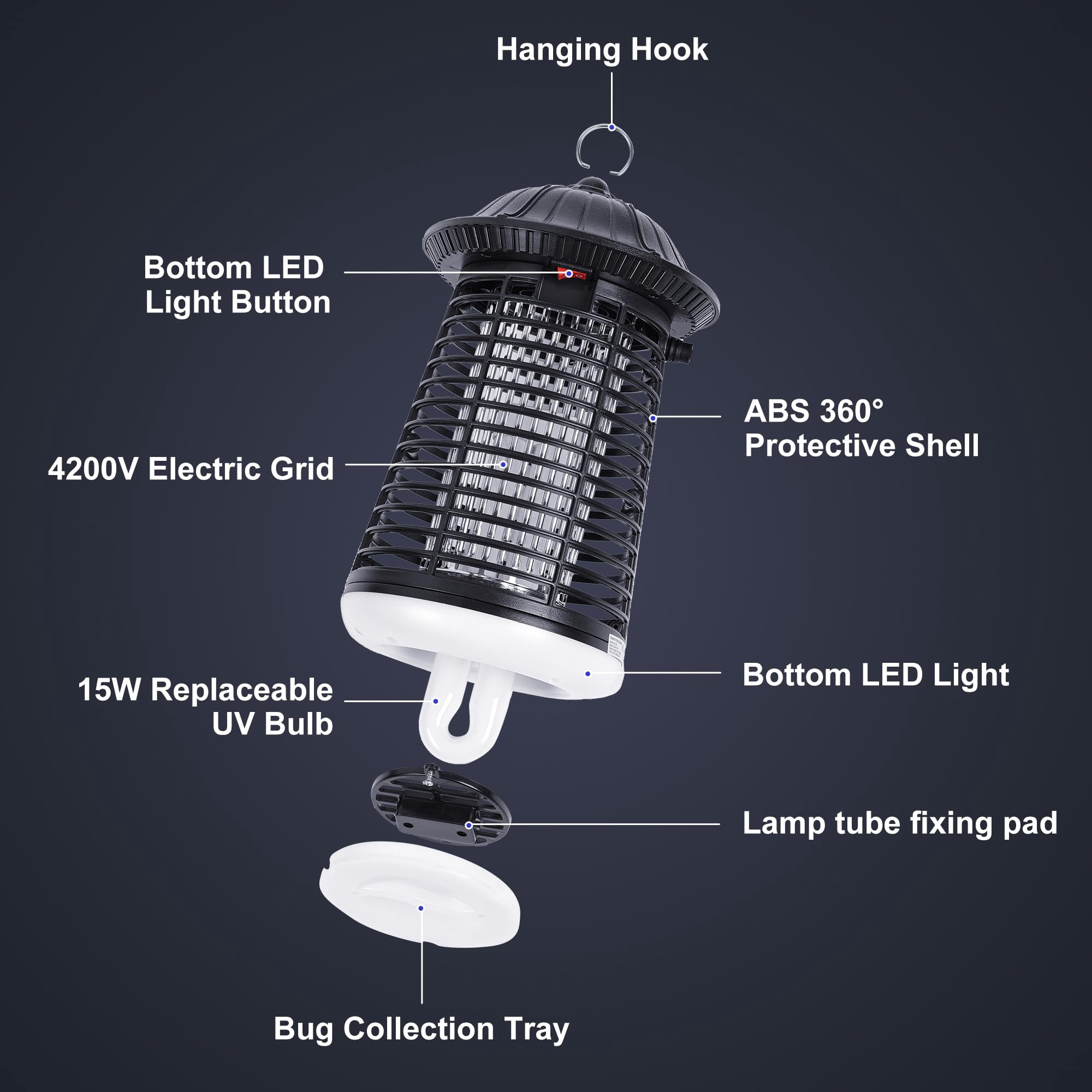Zapper Outdoor/indoor Mosquito 4200v High Waterproof Electronic Killer 15w Uva Lamp Bulb Fly Traps Patio (black And White) (dark Black)