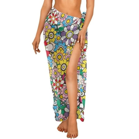 FKELYI Sarong Wrap for Women Beach Cover Up Soft Long Swimwear Cover-Up for Bathing Suit Colorful Hippie Flower Print Breathable Bikini Coverup for Lady Summer Vacation