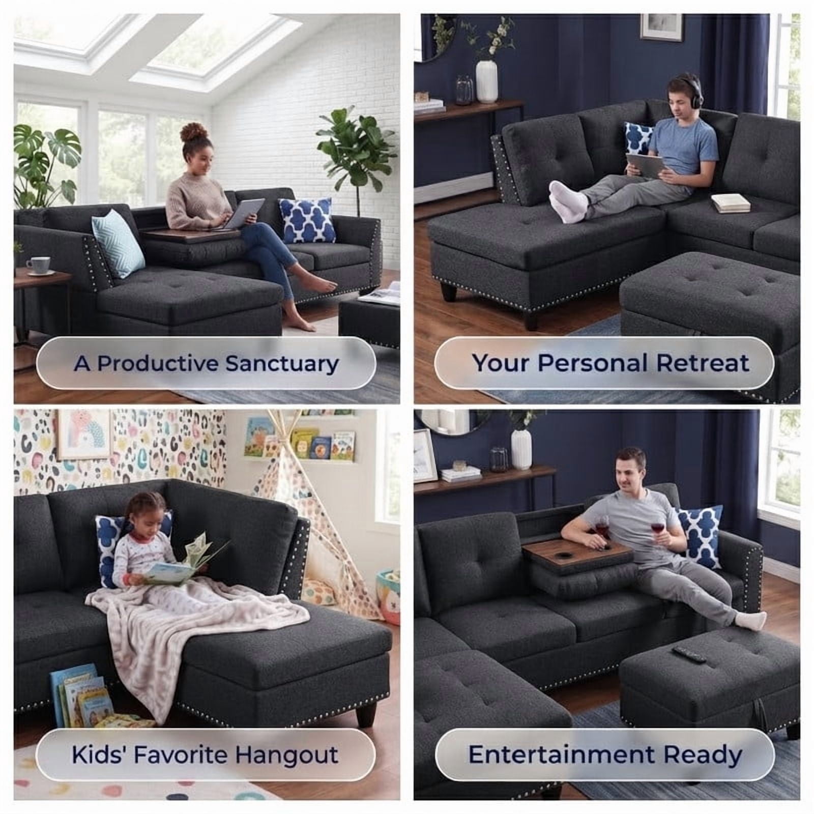 98" L-Shaped Sectional Sofa with Storage Ottoman, 4-Seat Linen Upholstered Modular Couch with Left Chaise, Drop-Down Backrest with Cup Holders, Nailhead Trim, 3-Piece Sofa Set for Living Room, Office
