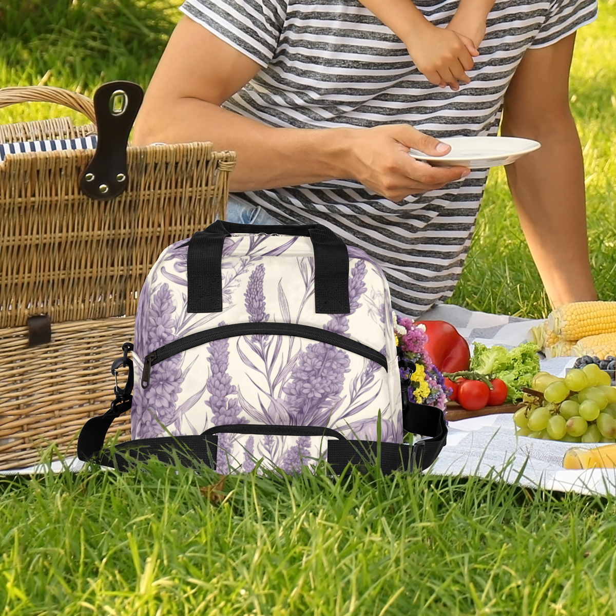 Herdesigns Purple Lavender Flowers Insulated Lunch Bag for Women Men Adults Large Reusable Lunch Box Leakproof Portable Cooler Tote Bags with Adjustable Shoulder Strap