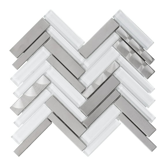Modket TDH414SS Stainless Steel Metallic Metal Super White Glass Mosaic Tile Kitchen Backsplash
