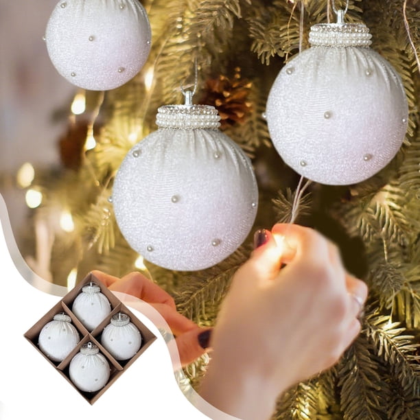 Paquete de 4 Adornos Navideños con Pompones de Perla | Material Flocado | Bolas Blancas, Verdes y Rojas | Ligeras y Fáciles de Colgar | Decoración Festiva para El Árbol de Navidad para El Hogar, La O
