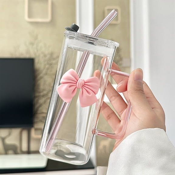 Glass Water Cup with Handle Lid & Straw - 400ml Transparent with Detachable Butterfly, Decorative Reusable Cup for Home Office Coffee Drinks