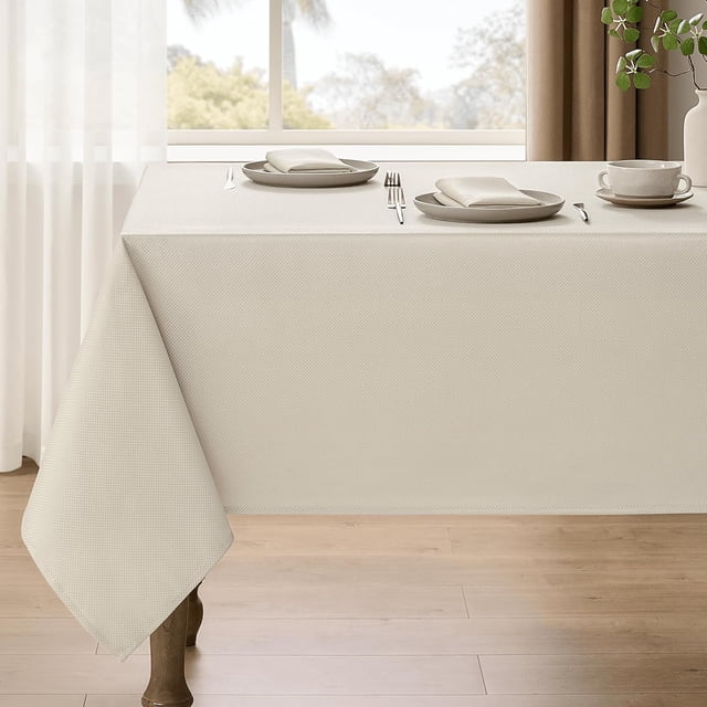 Rectangle Demask Farmhouse Tablecloth for 10ft Table, Dirty-Repel Easy to Clean Banquet Burlap Tablecloths for Dining Table and Kitchen Table (Oblong, 60 x 144 Inch (12-14 Seats), Beige)