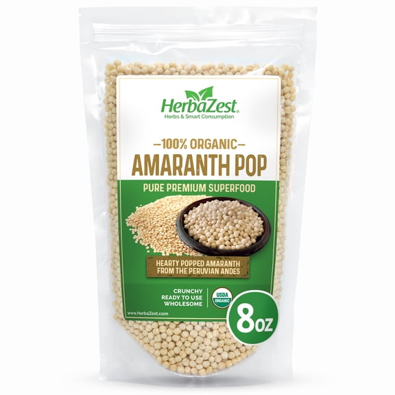 HerbaZest Organic Amaranth Pop | 8 oz | Crunchy & Ready to Eat Ancient Grain | USDA Certified, Vegan, Gluten-Free & Non-GMO | Ideal for Cereal, Yogurt & Snacks | Superfoods
