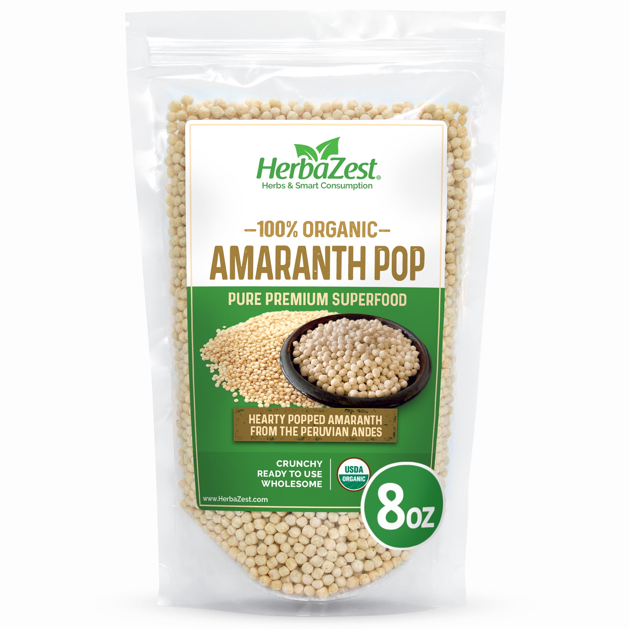 HerbaZest Organic Amaranth Pop | 8 oz | Crunchy & Ready to Eat Ancient Grain | USDA Certified, Vegan, Gluten-Free & Non-GMO | Ideal for Cereal, Yogurt & Snacks | Superfoods