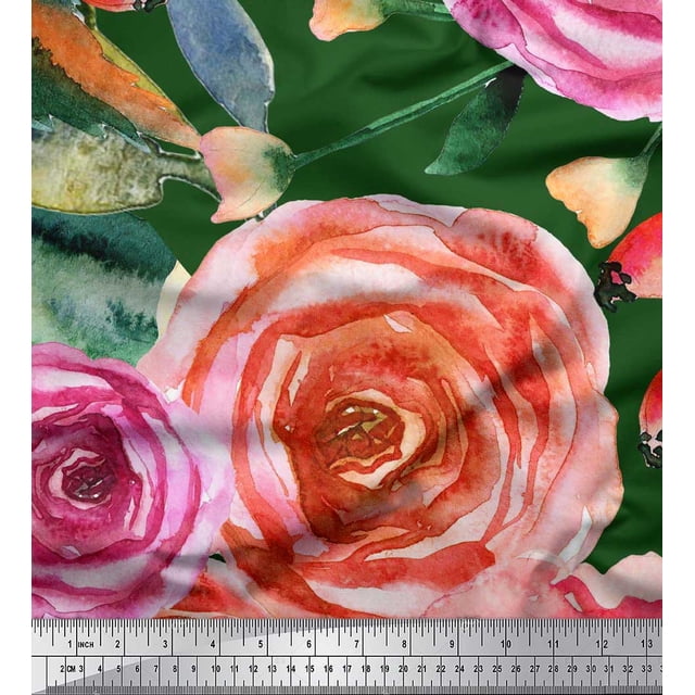 Soimoi polyester Crepe Fabric Leaves & Rose Flower Decor Fabric Printed Yard 42 Inch Wide