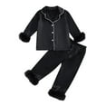 thumbnail image 1 of Odeerbi 2-14 Años Niñas Pluma Pijamas Entallado Solapa Manga Larga Camisa Pantalones Conjunto de Ropa de Dormir Impresa Suave Dos Piezas de Pijama, 1 of 4